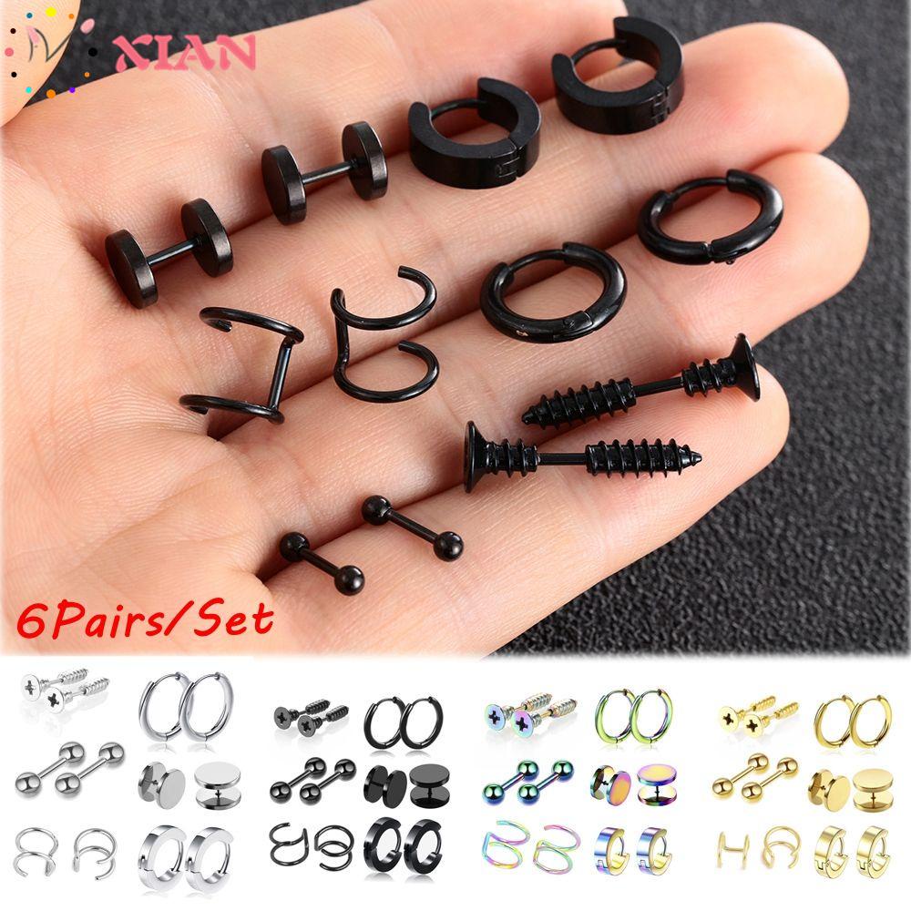 XIANSTORE 6 Pairs/Set Women Men Hoop Earrings Cartilage Helix Ear Cuff Earrings Set Barbell Bar Stainless Steel Body Piercing Jewelry Tragus Earrings Gothic Pierced Black Dumbbell Stud/Multicolor