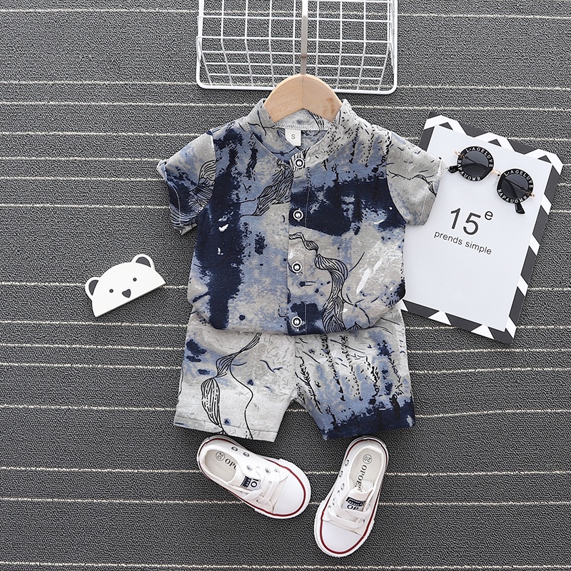 Bộ Áo Sơ Mi Ngắn Tay In Họa Tiết graffiti + Quần short 2 Món Thời Trang Cho Bé Trai 0-4 Tuổi