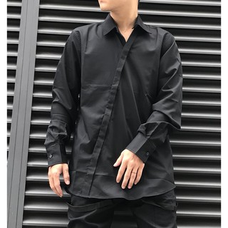 Áo sơ mi đen khuy chéo Lexuza 008