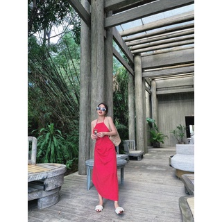 Đầm dài cổ yếm xuông nhún eo 00286 - đầm thời trang nữ