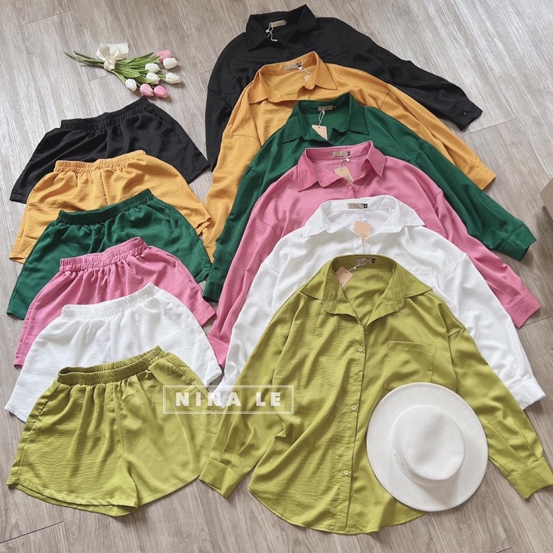 Set Bộ Lụa Áo Sơmi Mix Quần Đùi 6 Màu Siêu Xinh Có Ảnh Thật Kèm Video