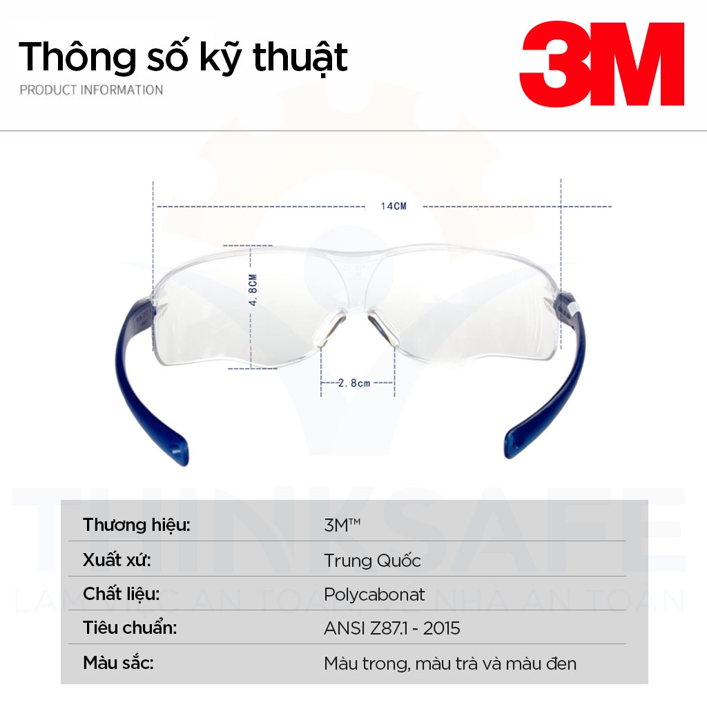 Kính bảo hộ 3M Thinksafe, Kính trắng chống bụi, chống tia UV, Mắt kiếng ôm khuôn mặt, trong suốt, bảo vệ mắt - V34