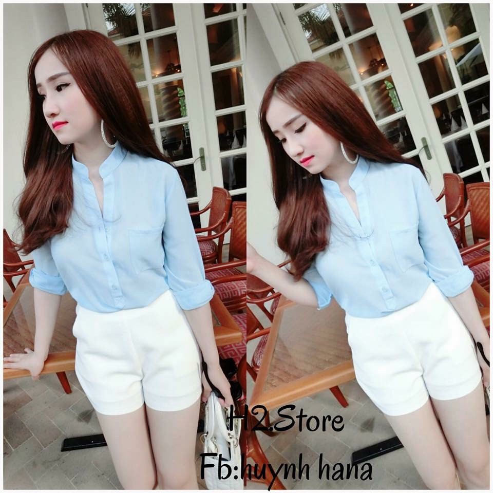 Áo sơ mi nữ hoa nhí cổ V tay lửng vạt dài size S chất lanh - ẢNH CHỤP THẬT