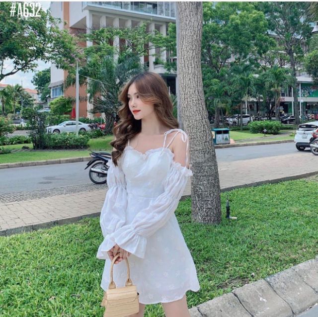 Đầm trễ vai cute in hoa cúc nổi cột nơ vai nữ tính [KÈM ẢNH THẬT]