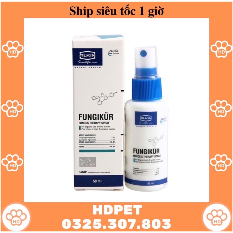 Chai Xịt Trị Nấm Ghẻ Ngứa Vảy Nến FUNGIKUR cho CHÓ MÈO THÚ CƯNG Chai 50ml Xuất xứ Anh