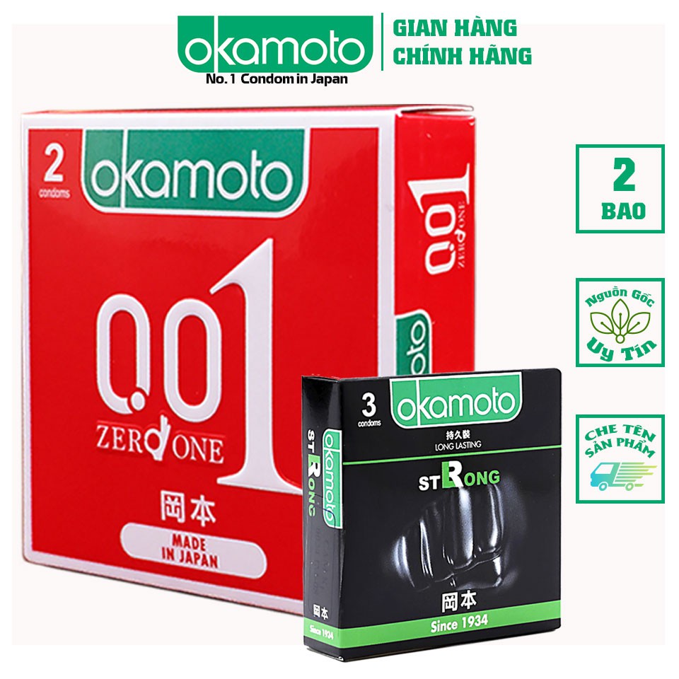 [ Combo 0.01 2 Cái + 1 hộp Strong Kéo Dài Thời Gian ] Bao Cao su Okamoto 0.01 PU Siêu mỏng Truyền Nhiệt Nhanh Hộp 2 Cái