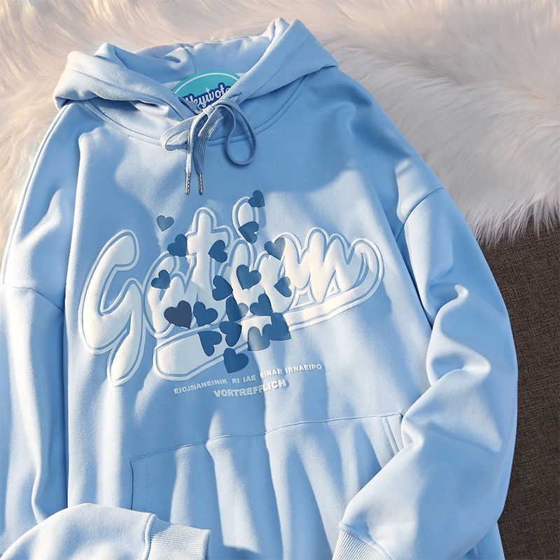 Áo hoodie mặc chui đầu dáng rộng in họa tiết trái tim và chữ cái phong cách Hàn Quốc thời trang thu đông unisex