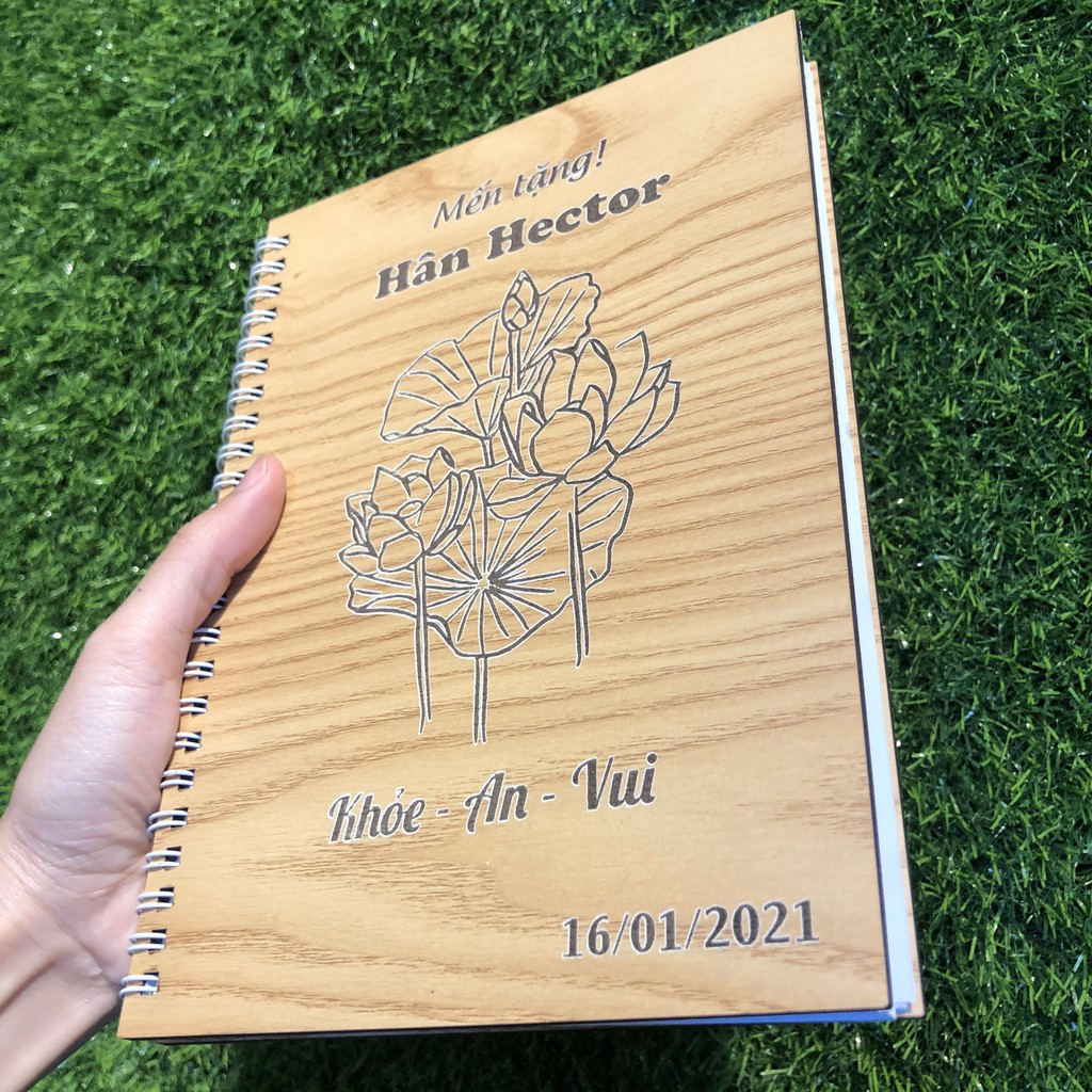 Quà tặng sinh nhật ý nghĩa sổ tay bìa gỗ khắc theo yêu cầu_ sổ tay khắc hình Hoa sen