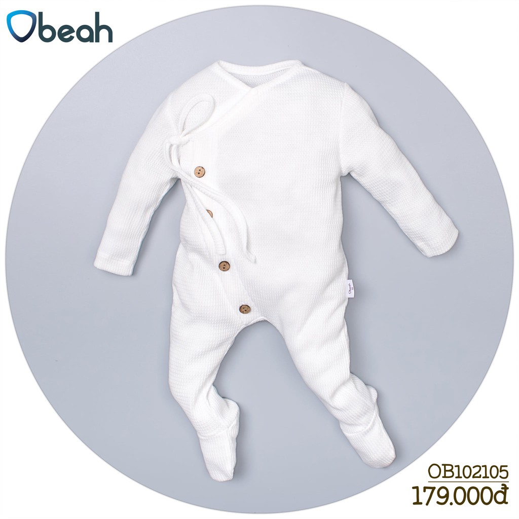 Bodysuit Obeah vạt chéo màu trắng Cotton tổ ong Fullsize 59 đến 90 cho bé từ 0 đến 12 tháng