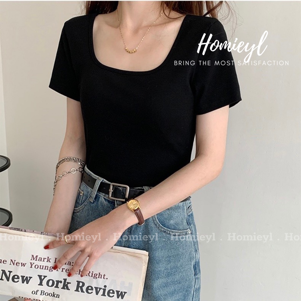 Áo thun trơn nữ cổ vuông ngắn tay ôm body cotton basic đẹp đen trắng Homieyl cao cấp, áo phông trơn nữ 🔲 đi chơi H22