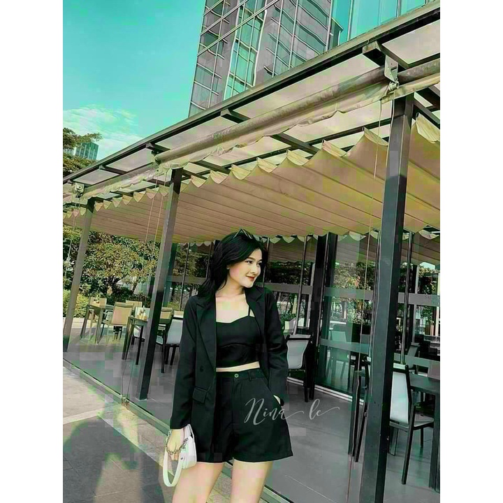 [8.8 Sales Freeship] Set bộ nữ 3 món, set áo vest tay dài +  quần  short đùi kèm áo trong croptop cá tính, trẻ trung dx