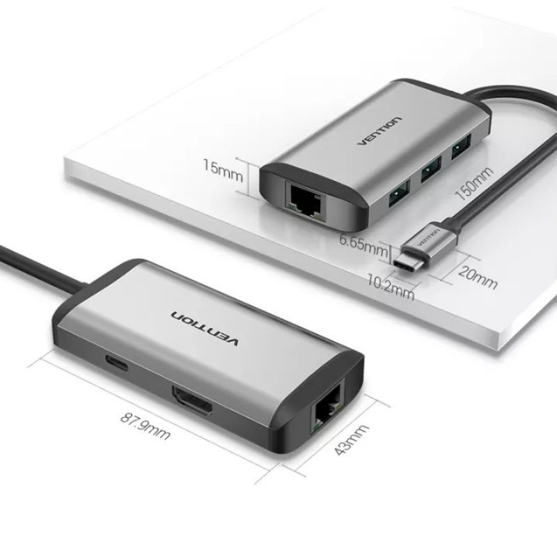 [Mã ELMS5 giảm 7% đơn 300K] Bộ chuyển đổi hub 6 trong 1 Vention type C to USB3.0 / HDMI / PD / RJ45 6