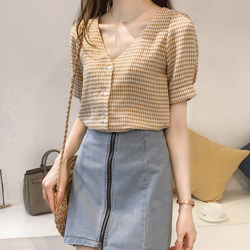 Áo Sơ Mi Ngắn Tay Họa Tiết Ca Rô Thời Trang Xinh Xắn Cho Nữ