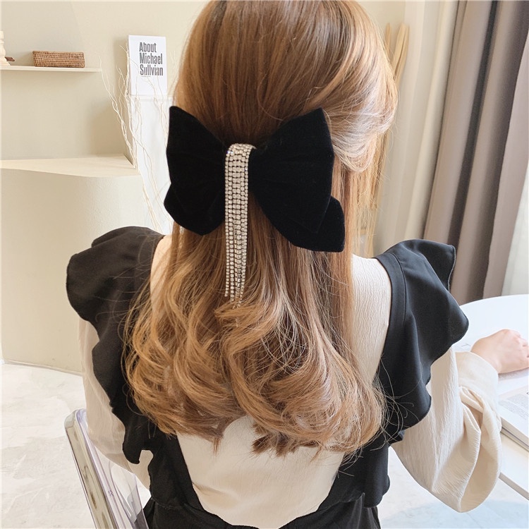 Kẹp Tóc Nơ Đen Đính Đá Lấp Lánh