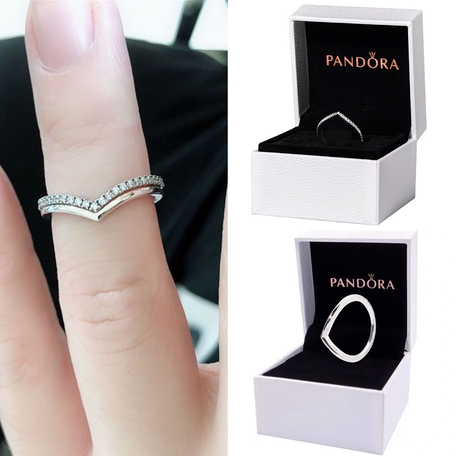 PANDORA Nhẫn Bạc 925 Đính Đá Cz Hình Chữ V Cổ Điển