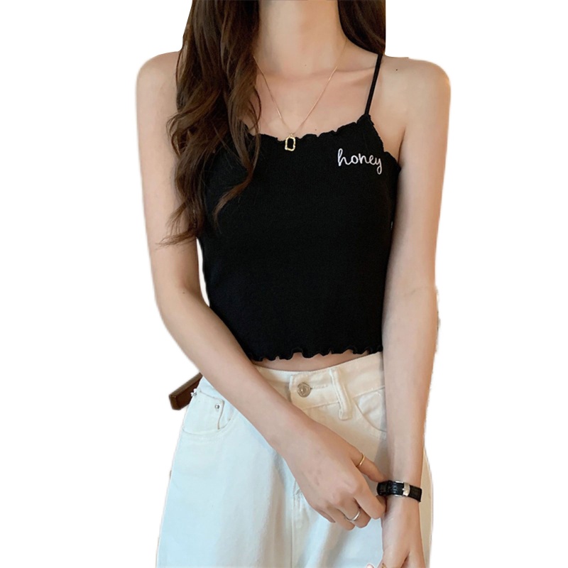 Brroa Áo Tank Top Hai Dây Dệt Kim Thêu Chữ Thời Trang Cho Nữ