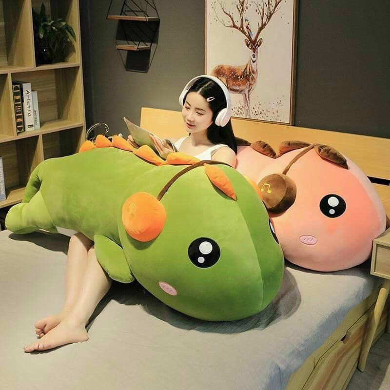 Gối Ôm Gấu Bông Khủng Long Đeo Tai Nghe 1m6 nỉ Nhung Cao Cấp