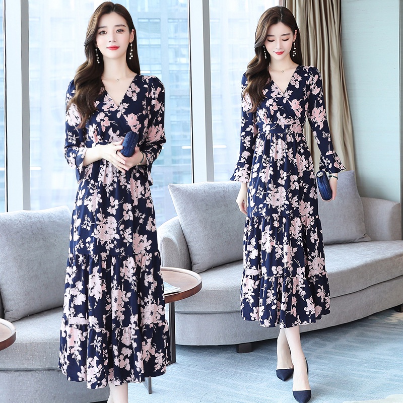 ☞〖LYQ_6715 series〗 Váy hoa dài tay kiểu Pháp ~ dài ngang gối, eo và ôm, cổ chữ V voan, tay áo lá sen, váy công chúa