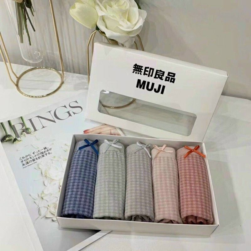 Hộp 5 quần lót cotton kẻ ô nhỏ đính nơ viền ren co giãn ôm mông