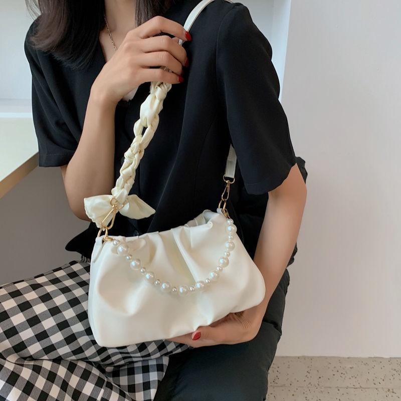 Túi Kẹp Nách Nữ Đeo Chéo Phối Có 2 Dây Nơ Và Ngọc Đẹp Thời Trang Hàn Quốc 268