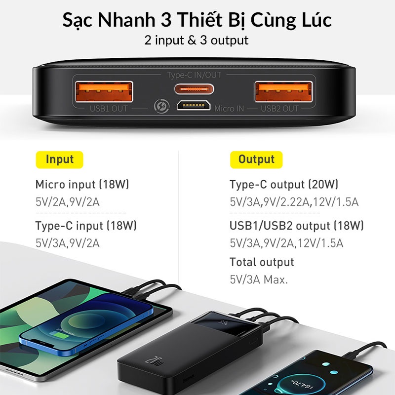 Sạc Dự Phòng 10000mAh BASEUS Bipow Digital Display, Sạc Nhanh 2 Chiều 20W/ 18W, 3 Output 2 Input Cho iPhone, Samsung, Mi