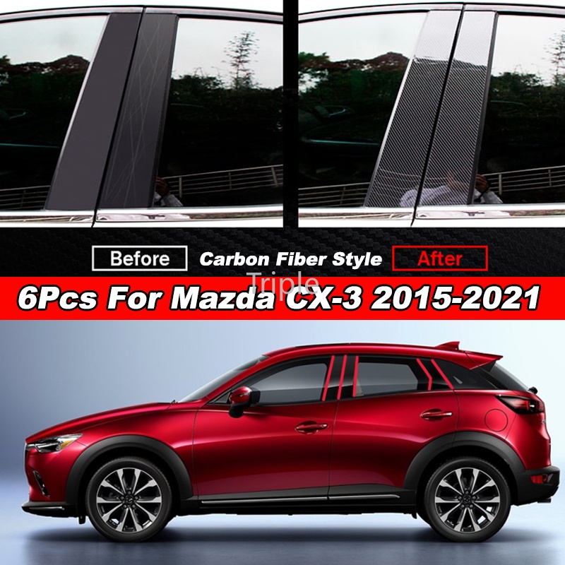 Bộ 6 Miếng Dán Trang Trí Cửa Sổ Xe Hơi Vân Sợi Carbon Màu Đen Bóng Cho Mazda Cx-3 Cx3 2015-2021