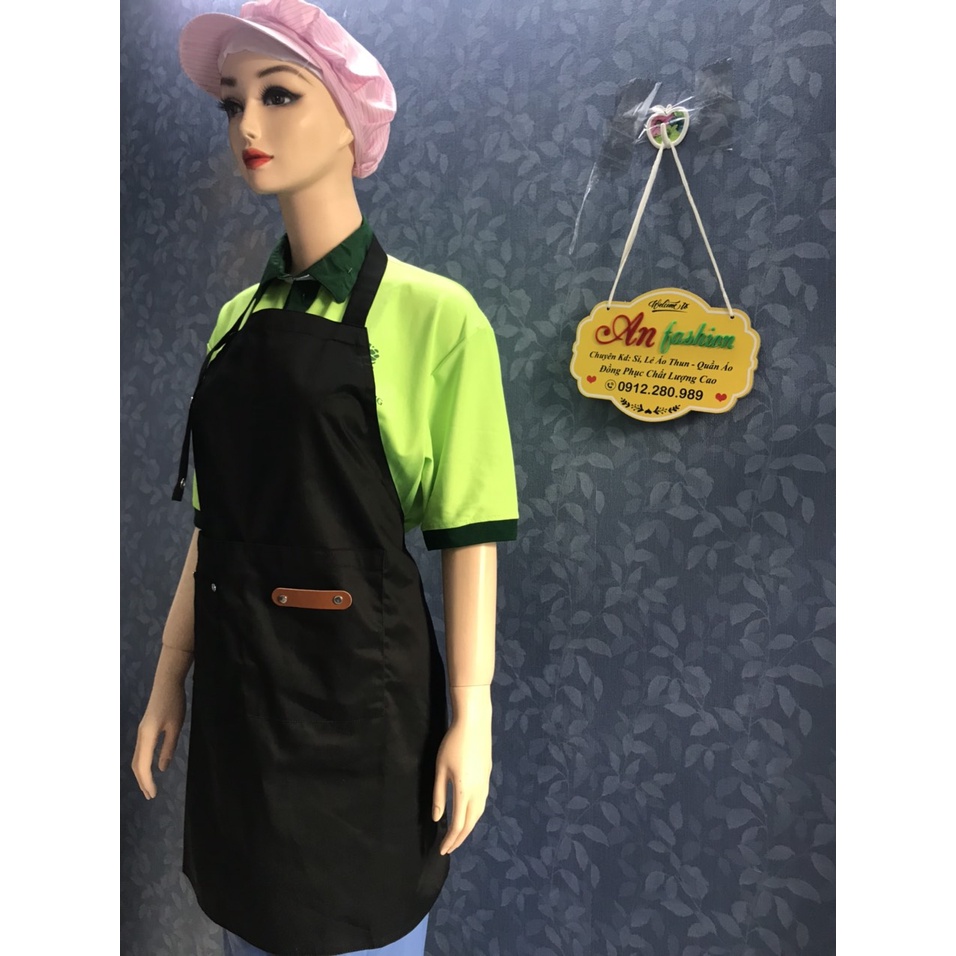 Tạp dề yếm phối da 2 túi màu đen cho cả nam/Nữ phối da cao cấp làm nhà hàng quán coffee, gia đình_ Hình chụp thật