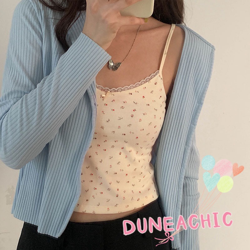 DUNEA Áo Hai Dây Phối Ren Hoa Ngọt Ngào Thời Trang Mùa Hè Cho Nữ