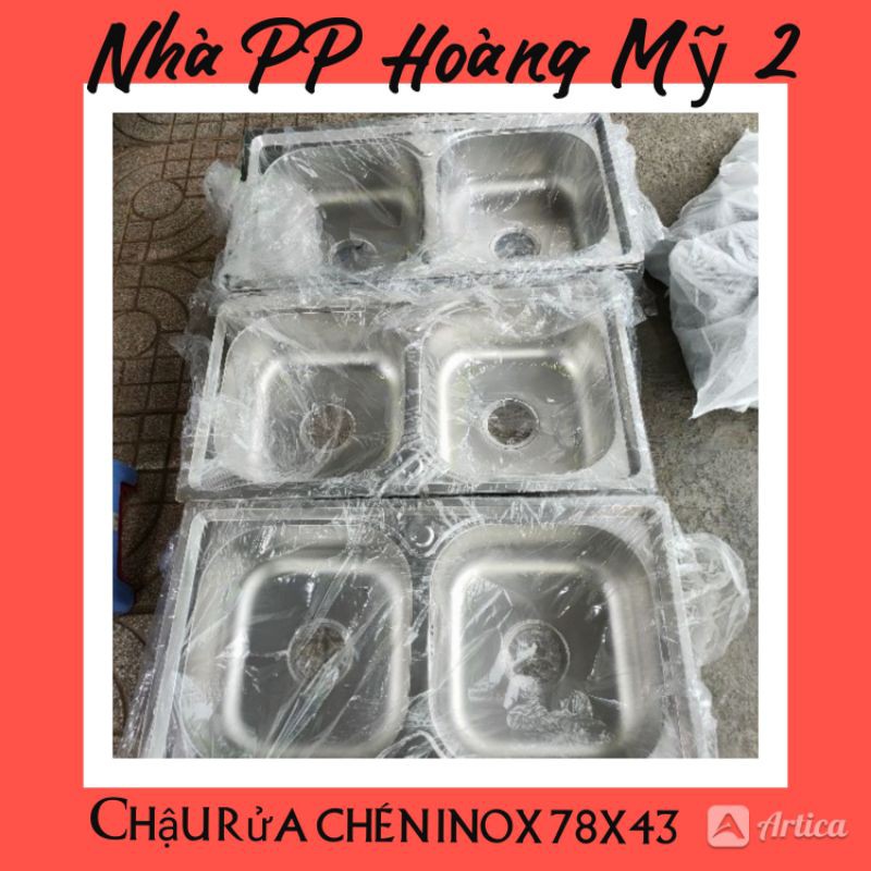 Chậu rửa chén Inox hai ngăn đều - KT 78x43 hàng dày 1ly