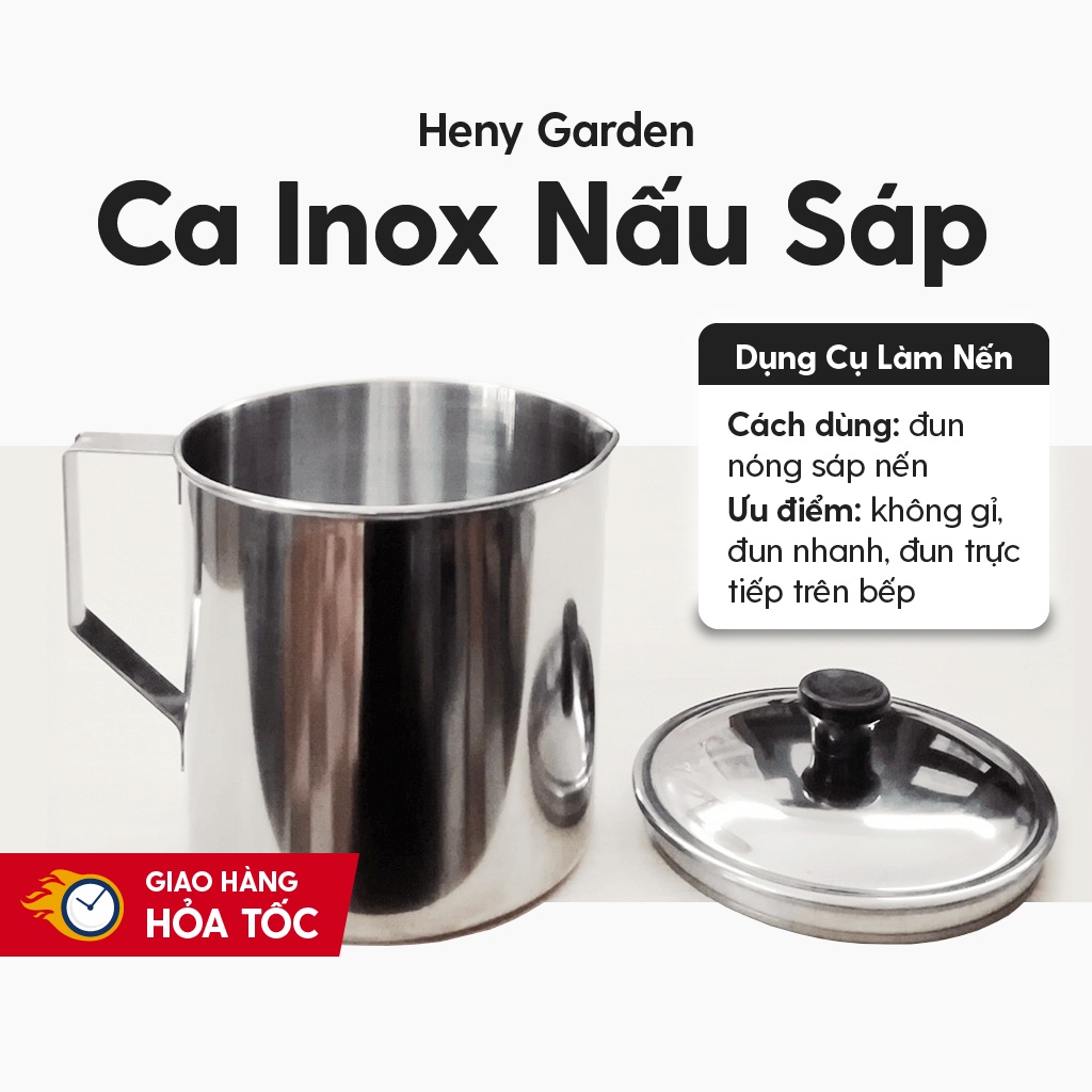 Ca Inox Nấu Rót Sáp Nến Trực Tiếp Trên Bếp 1.3L Dụng Cụ Làm Nến Thơm Cao Cấp Heny Garden, Tặng Tinh Dầu Mẫu Thử