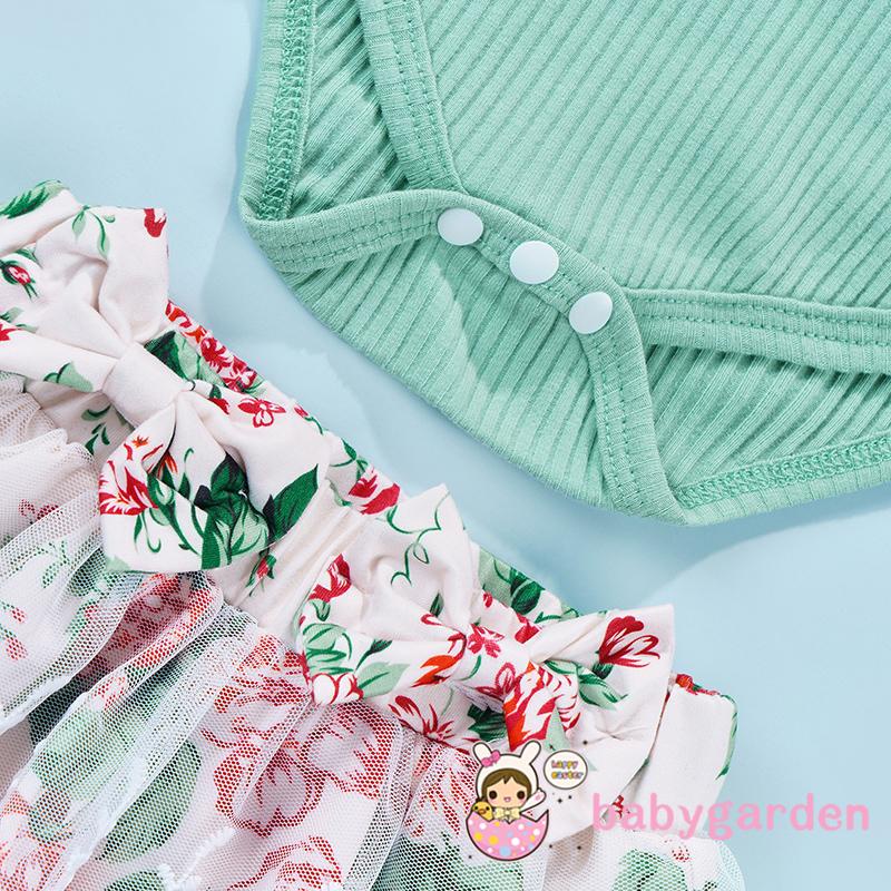 Set Áo Liền Quần + Chân Váy Tutu + Băng Đô In Hoa Cho Bé Gái 0-24 Tháng Tuổi