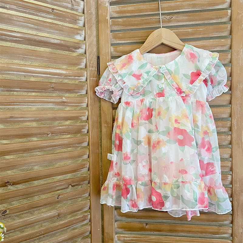 Đầm Tay Ngắn Họa Tiết Tranh Sơn Dầu Thời Trang Mùa Hè Dành Cho Bé Gái