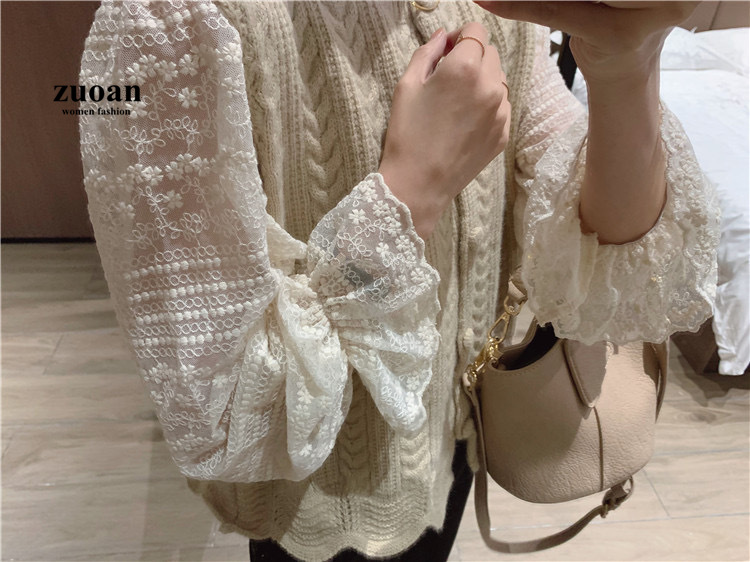 SUXI Áo Blouse Nữ Tay Dài Phối Ren