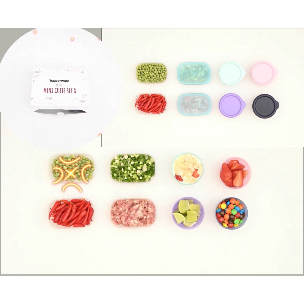 Bộ hộp bảo quản Mini Cutie Tupperware 8 hộp nhựa nguyên sinh an toàn hộp trữ đông mát thức ăn dặm cho bé