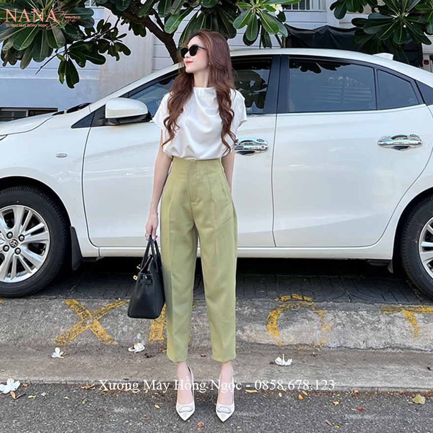 Quần tây nữ lưng cao cạp 2 nút đi học làm công sở ống đứng dài màu Đen - Quần vải nữ công sở cạp cao đi học thoải mái