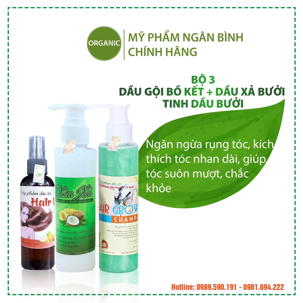 Bộ 3 (dầu gội bưởi,xịt bưởi mọc tóc,xả sữa dừa) mọc tóc,kích thích mọc tóc,ngăn rụng tóc,giảm gãy rụng tóc
