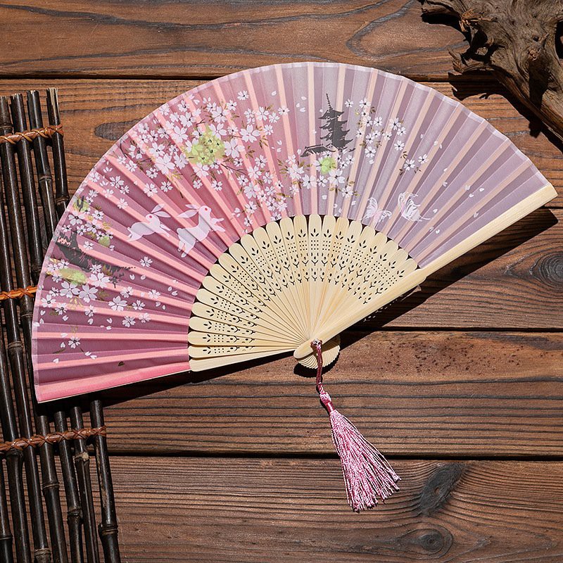 Quạt cổ trang xếp nan trúc dây tuyến vải lụa cầm tay gập gọn phong cách cosplay cổ đại Trung Quốc
