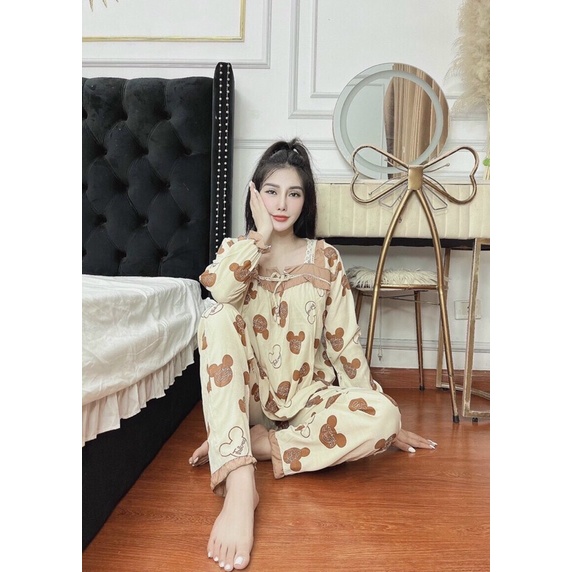 Bộ đồ bà bầu dài tay chất đũi thu đông mặc nhà cổ vuông Bvuong355