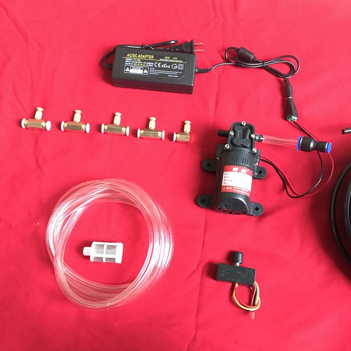 Trọn bộ phun sương tưới lan,làm mát 12v - 5 béc đồng - nguồn 12v5a - điều tốc máy bơm