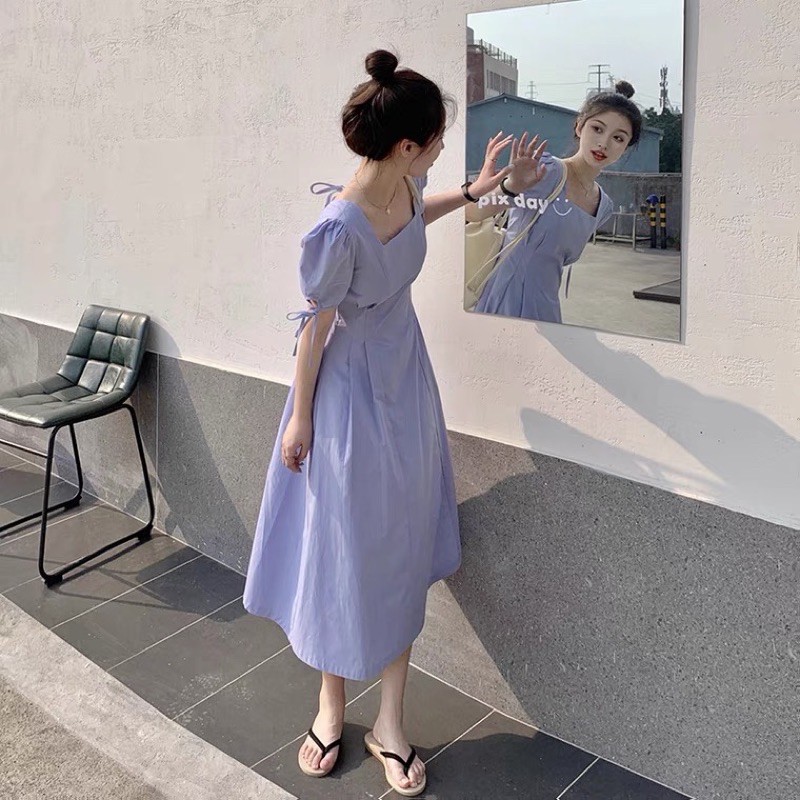 Đầm Váy Trắng Dáng Dài Cộc Tay Cổ Vuông Tay Nơ Mặc Dự Tiệc Đi Du Lịch Full Size S M L | BigBuy360 - bigbuy360.vn