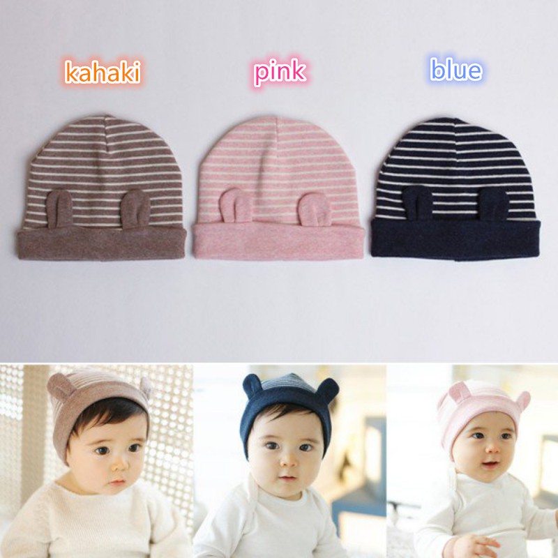 Mũ trùm đầu chất liệu cotton kẻ sọc có tai dễ thương cho bé