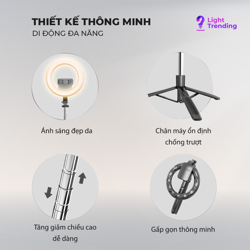 Giá đỡ điện thoại, đèn chụp ảnh thế hệ mới, Dụng cụ hỗ trợ livestream, Điều khiển chụp ảnh từ xa, Bảo hành 12 tháng