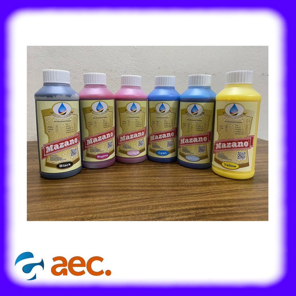 Bộ 6 chai mực dầu Pigment UV chống nước, chống bay màu Mazano chai 1 lít gồm 6 màu(BK/ C/ LC/ M/ LM/ Y) cho máy in Epson