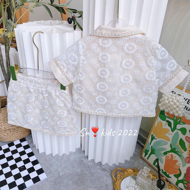 Set  ren nơ ngực cổ sen màu kem xinh xắn bé gái