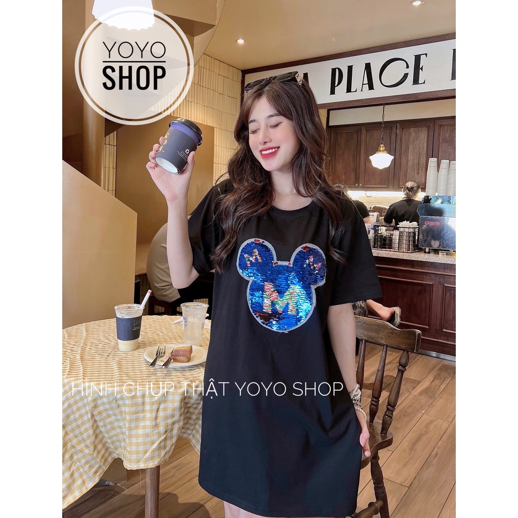 Áo đầm nữ thun thái phom rộng dấu quần tay lỡ form dưới 70kg đầu chuột màu đen