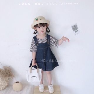 Set áo kẻ cotton yếm quần dáng rộng cho bé gái