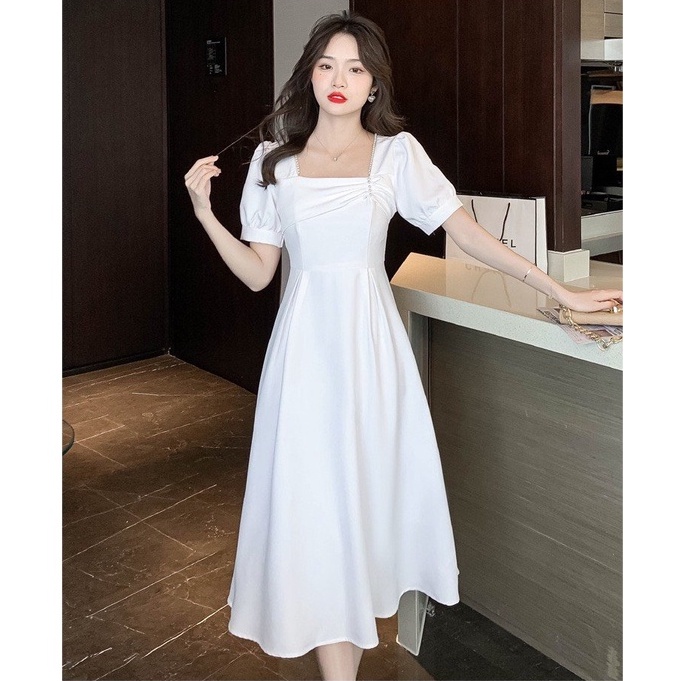 Đầm Váy Thiết Kế Đi Tiệc MAIHOUSE Nhún Ngực Cổ Vuông Tay Phồng Dáng Xoè Chất Cotton Màu Đen , Xanh , Đỏ - D2408