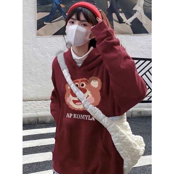 Áo Hoodie Nỉ Bông Dài Tay Túi Bụng To Gấu Dâu KOMYLA