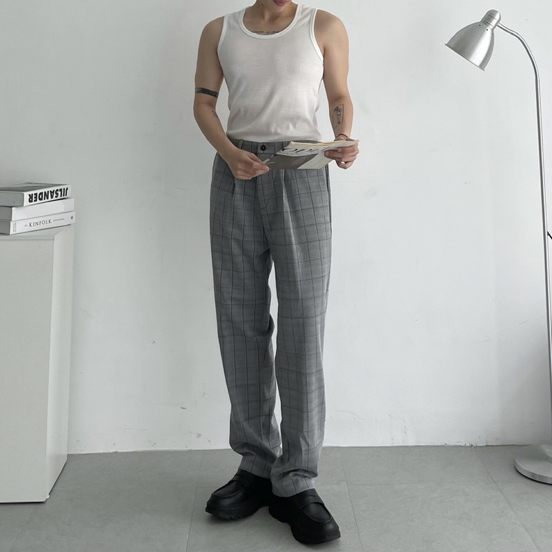 Quần ống xuông caro xám