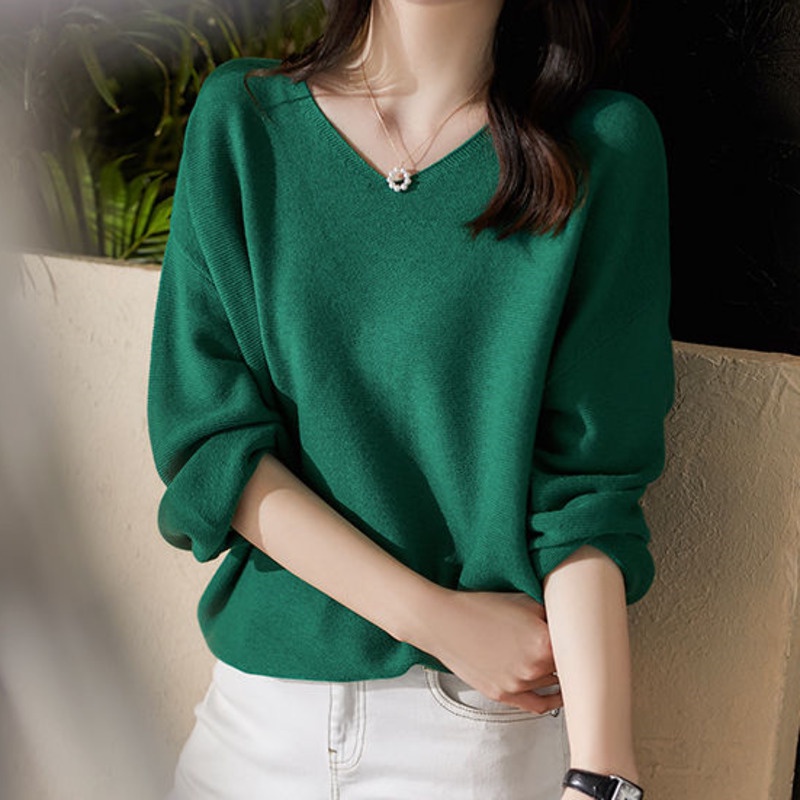 Áo len nữ RENJIANVSHENG tay dài cổ chữ V thời trang